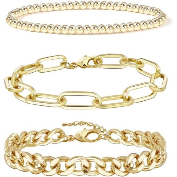 Gold Chain Bracelet Sets Women 14K Gold Plated Dainty Link Paperclip Bracelets - Picture 1 of 6